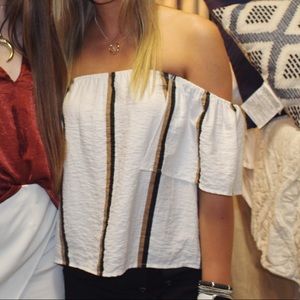 White off the shoulder top - black & brown stripes